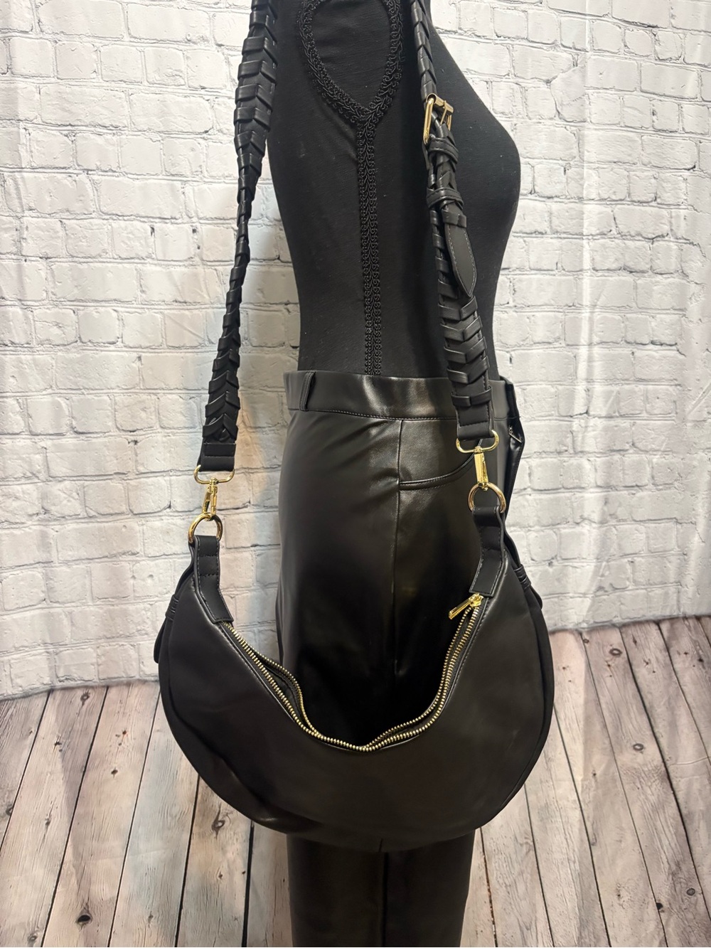 Black Crescent Hobo Bag with Braided Strap